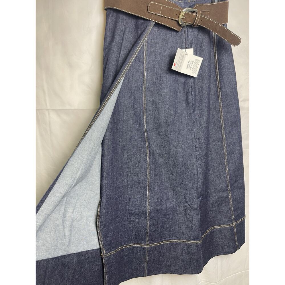 Zara Denim Midi Skirt Semi Wrap Belted Blue Contrast Stitch NWT Size M - Picture 2 of 10
